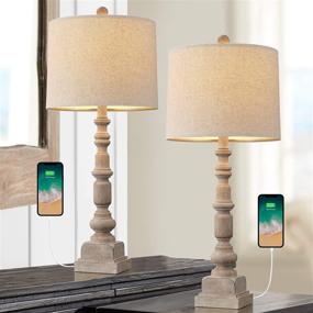 img 2 attached to 🪔 Oneach Vintage Table Lamps: Dual USB Port Set for Living Room & Bedroom - 2-Piece White Washed 27.75" Rustic Lighting with Farmhouse Charm