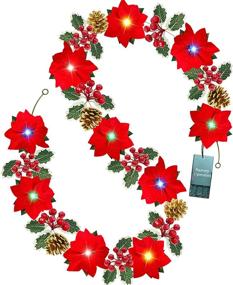 img 4 attached to Enhance Your Holiday Decor with TURNMEON 6FT Christmas Poinsettia Garland: 20 Lights, 10 Poinsettia, 110 Glitter Golden Berry, 5 Pinecones, and 60 Leaves - Battery Operated Indoor/Outdoor Mantle Decoration (Color)