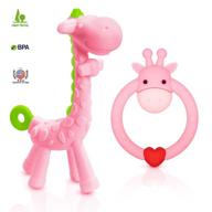 🦒 share&amp;care bpa free 2 silicone giraffe baby teether toy set for 3 months+ infants, with storage case, sore gums pain relief, baby shower gift - 2 different teething toys (pink) logo