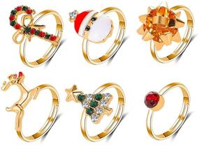 img 4 attached to 🎅 ZZ Zinfandel 6 Pcs Christmas Rings: Cute Cartoon Elk, Christmas Tree, and Santa Rings for Festive Style! Open Adjustable Knuckle Stacking Midi Rings Set