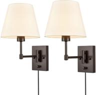 🌙 classic swing arm wall lamps: traditional 2-pack plug-in wall lights with fabric shade - dark brown логотип