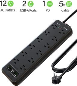 img 2 attached to ⚡️ Black Surge Protector Power Strip with Spaced Outlets - EyGde Multi Plug Outlet, 2800 Joules Surge Protection, 5ft Extension Cord (1875W/15A) - 12 AC Outlets and 3 USB Ports for Computers, PCs