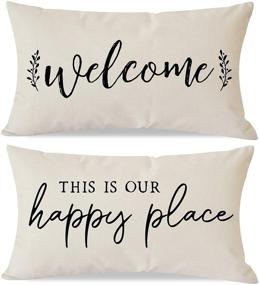 img 4 attached to 🦄 PANDICORN Farmhouse Pillow Covers 12x20 - Welcome This is Our Happy Place Home Décor Set of 2