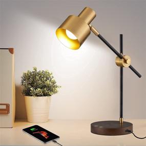 img 3 attached to 💡 Swing Arm Desk Lamp with Wireless Charging and USB Port, Brass Metal and Wood Bedside Nightstand Light, Mid Century Modern Reading Lamp for Bedroom, Living Room, Office - Includes 5Watts Bulb