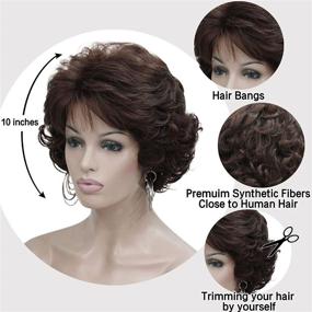 img 2 attached to 👩 Premium Dark Brown Short Curly Wavy Wig with Hair Bangs for Women - Kalyss Imported Synthetic Brown Hair Fashion Wigs (Brown)