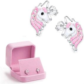 img 4 attached to Hypoallergenic 925 Silver Light Pink Sparkling Unicorn Stud Earrings with Zircon for Little Girls - Perfect for Kids Jewelry, Birthdays, and Parties