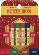 burt's bees festive holiday lip care gift set: 4 sweet seasonal lip balms - mint cocoa, peppermint, vanilla bean, and salted caramel - in a decorative box logo