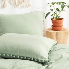 img 2 attached to 🌿 Sage Green Pom Poms Pillowcases - Set of 2 Green Standard Pillow Cases, 100% Washed Microfiber, Dark Sea Green Ball Fringe Pillow Covers - 2 Pack (Standard, Sage Green)