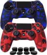 hikfly silicone gel controller cover skin protector for sony playstation 4 ps4/ps4 slim/ps4 pro controller - set of 2 camouflage covers with 8 fps pro thumb grip caps (red/blue) logo