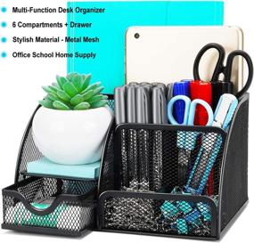 img 3 attached to 🗄️ Wellerly Desk Organizer: Multi-Functional Mesh Storage Caddy with 6 Compartments + 1 Drawer for Office, School, and Home Supplies