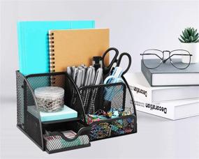 img 1 attached to 🗄️ Wellerly Desk Organizer: Multi-Functional Mesh Storage Caddy with 6 Compartments + 1 Drawer for Office, School, and Home Supplies