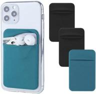 convenient 3pack cell phone card holder pocket with flap - stick on wallet for iphone samsung galaxy - stretchy lycra - adhesive sticker - (2 black + 1 teal green) logo