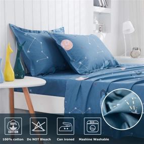 img 3 attached to 🌌 FADFAY Planet Star Constellation Sheets: 100% Cotton Universe Space Bed Sheet Set Queen, Meteor Moon Printed Sheet Set, Perfect for Boy Girls Kids Teen, Navy Deep Pocket Fitted Sheet - 4 Piece Set