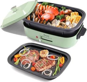 img 4 attached to 🍳 Runnatal 2-in-1 Indoor Smokeless Electric Grill and Hot Pot Combo, Removable Nonstick Plate, 4L Pot with Cover, 1200W, Adjustable Temperature, Easy to Clean, Electric Skillet, Electric Griddle, Green