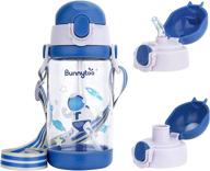 🐰 bunnytoo kids sport water bottle 16oz, straw lid, spout lid, reusable travel bottle, tritan & bpa free, soft silicone spout, easy to suck, leak proof cup, shoulder strap, blue logo