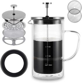 img 4 attached to VEVOK CHEF Glass French Press Coffee Maker - 34 Ounce Double Wall Insulated Heat Resistant Glass Tea Coffee Press with 2 Extra Screens, Glass Handle, Non-slip Silicone Base