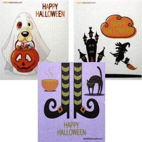 img 4 attached to 🎃 Reusable Halloween-themed Swedish Dishcloths – Set of 3, Eco-Friendly & Absorbent Cleaning Cloths