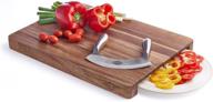 🪓 papa oki acacia wood cutting board - large chopping board for kitchen, complete with curved mezzaluna chopper knife. innovative dish dock for clean chopping experience. versatile charcuterie board. logo