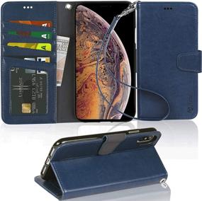 img 4 attached to 📱 Arae Wallet Case for iPhone Xs Max 6.5 inch - PU Leather Flip Cover with Stand Feature, Wrist Strap, 4-Slots for ID and Credit Cards - Blue