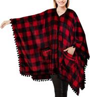 🎁 pavilia women's fleece poncho blanket – cozy wearable gift with pom pom fringe, pockets, and a warm tv shawl sweater cape in buffalo checker red; perfect gifts for women logo