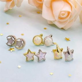 img 2 attached to 🦄 12 Pairs Cute Stud Earrings - Hypoallergenic & Shiny Jewelry in Various Designs: Cat, Star, Butterfly, Unicorn - Opal, Stainless Steel, and 925 Silver Earrings for Women and Girls