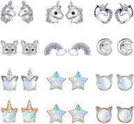 🦄 12 pairs cute stud earrings - hypoallergenic & shiny jewelry in various designs: cat, star, butterfly, unicorn - opal, stainless steel, and 925 silver earrings for women and girls logo