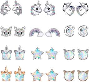 img 4 attached to 🦄 12 Pairs Cute Stud Earrings - Hypoallergenic & Shiny Jewelry in Various Designs: Cat, Star, Butterfly, Unicorn - Opal, Stainless Steel, and 925 Silver Earrings for Women and Girls