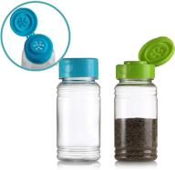 pack of 2 - moisture-proof plastic salt and pepper shakers with lids, spice dispenser, seasoning container pourer with shaker caps, 3.5 oz., green / blue logo