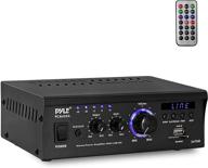 🔊 home audio power amplifier system - dual channel theater power stereo receiver box, 2x75w, surround sound with usb, rca, aux inputs, led display, remote control, 12v adapter - for speaker, iphone - pyle pcau35a logo