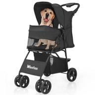 black folding pet stroller with skylight - easy walk cart for cats and dogs, lightweight travel carrier for medium and small pets, with storage basket, cup holder tray logo