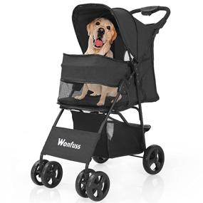 img 4 attached to Black Folding Pet Stroller with Skylight - Easy Walk Cart for Cats and Dogs, Lightweight Travel Carrier for Medium and Small Pets, with Storage Basket, Cup Holder Tray