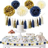 🎉 nautical navy blue and gold party decoration kit for baby shower, bridal shower, wedding, birthday, bachelorette - hanging pom poms, paper garland, confetti, and more! logo