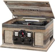 🎵 victrola nostalgic 6-in-1 bluetooth record player: turntable, cd/cassette player, am/fm radio, wireless streaming; shiplap grey farmhouse design logo