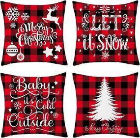 img 4 attached to 🎄 WFLOSUNVE Christmas Pillow Covers - Set of 4 Soft Flannel Red Black Buffalo Check Plaid Snowflake Cushion Covers for Couch and Sofa 18x18 Inch