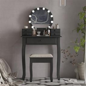 img 3 attached to 💄 Drefure Vanity Table Set Makeup Table with Round Mirror, Multi-Color LED Lighting, Adjustable Brightness, 5-Drawer Dressing Desk, Cushioned Stool for Bedroom - Black