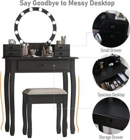 img 2 attached to 💄 Drefure Vanity Table Set Makeup Table with Round Mirror, Multi-Color LED Lighting, Adjustable Brightness, 5-Drawer Dressing Desk, Cushioned Stool for Bedroom - Black