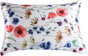 img 4 attached to 🌸 DuShow Standard Size White Satin Floral Pillowcases Set of 2 - Soft and Cozy Pillow Covers for Hair and Skin, Silky with Zipper Closure - White Flower Design (20"x26")