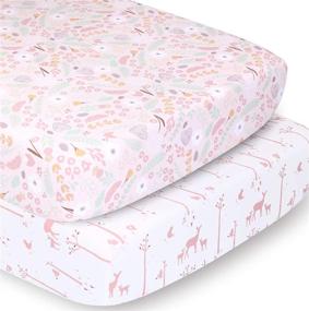 img 4 attached to The Peanutshell Pink Floral and Woodland Animals Crib Sheet Set for Baby Girls - 2 Pack Set