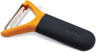 joseph joseph y-shaped julienne peeler with easy grip handles, stainless steel blade for kitchen vegetable and fruit, in orange logo