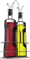 17 oz clear glass olive oil and vinegar dispenser set - no drip double pourer spout stoppers and stainless steel holder stand - kitchen dispensing cruets - white logo