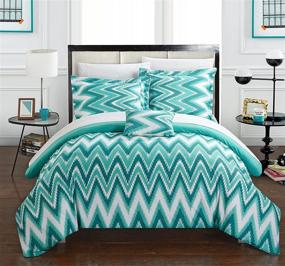 img 3 attached to Turquoise Full/Queen Comforter Set with Pleated & Ruffled Chevron Reversible Backing - Includes Shams and Decorative Pillows - Chic Home CS2589-AN