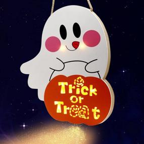 img 4 attached to Spooky and Stylish: VEYLIN Halloween Door Hanging Sign with Light, Wooden Ghost Pumpkin Wreath for Front Door Perfection