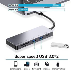 img 1 attached to 💎 Premium 6-in-1 UHS-II SD Card Reader and USB C Hub Adapter for MacBook Pro/Air, iPad Pro 2018 - High-Speed Thunderbolt 3 Type C Adapter with USB-C Ports, USB 3.0 Ports, and Micro SD/UHS-II SD 4.0 Card Reader