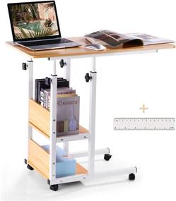 img 4 attached to Wood Color Height Adjustable Modern Computer Desk Writing Workstation Laptop Table with Wheels, 🖥️ Moveable 31x16&#39;&#39; Home Office Desks, Includes Plastic Drawer - Ideal for Study Room, Bedroom, Living Room