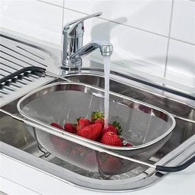 img 1 attached to 🥦 HOJKMA Stainless Steel Over-the-Sink Colander - 4 Quart Expandable Oval Strainer Basket with Rubber Grip Handles, Fine Mesh for Kitchen Sink, Straining, Draining, Rinsing Fruits and Vegetables