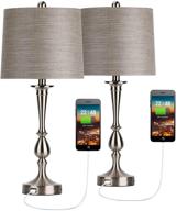 set of 2 modern bedside usb table lamps with charging port - silver desk lamp for living room, bedroom, nightstand, coffee table - 25" nickle finish логотип