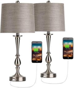 img 3 attached to Set of 2 Modern Bedside USB Table Lamps with Charging Port - Silver Desk Lamp for Living Room, Bedroom, Nightstand, Coffee Table - 25" Nickle Finish