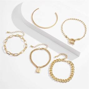 img 3 attached to YFStyle 5-Piece Adjustable Gold Bracelets Set for 💫 Women - Thin Cuff Bangles with Charm Bead Detailing