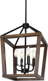 img 4 attached to 🏡 Rustic Chandelier: 4-Light Lantern Pendant Light with Oak Wood and Iron Finish, Ideal for Farmhouse Lighting in Dining Room, Kitchen, Hallway