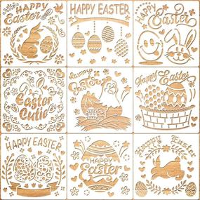 img 4 attached to 🎨 Konsait 9 Pack Easter Painting Stencils for Journal, Scrapbook, Window Cards, Cake Decor - Reusable Plastic Drawing Templates with Eggs, Bunny, Chicken, Flower Basket